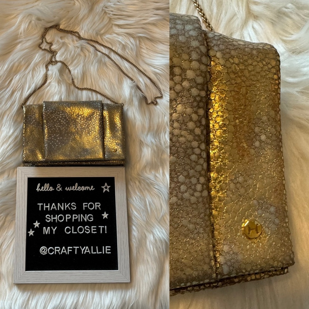 Halston Heritage Gold & Pewter Textured Metallic Leather Clutch with Chain